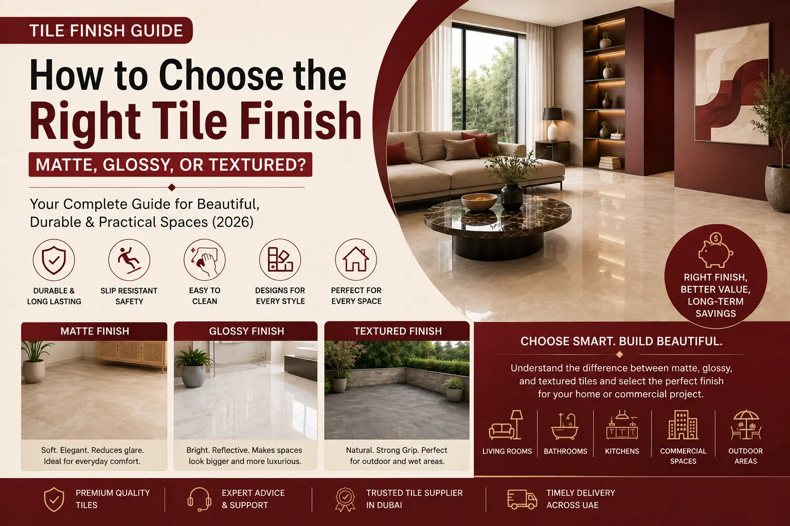 Tile Finish Guide: How to Choose Matte, Glossy, or Textured Tiles for Your Home or Commercial Project